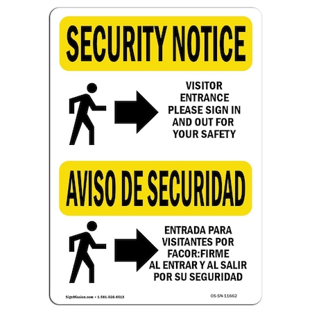Signmission OSHA Security Sign, 10" Height, 14" Width, Visitor Entrance Sign In Bilingual, Landscape OS-SN-D-1014-L-11662